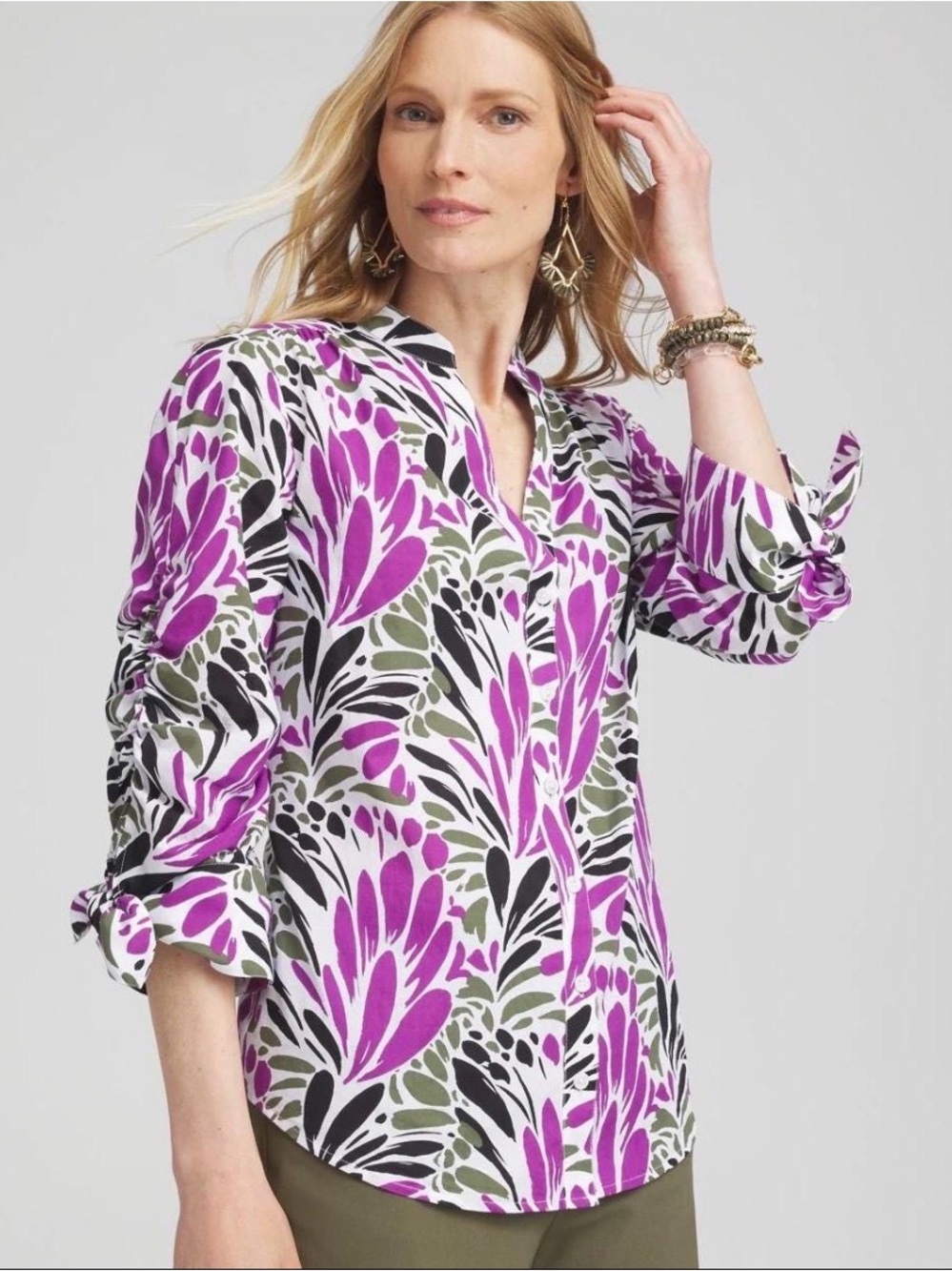 Chicos Purple Abstract Floral Cotton Button up Blouse‎ Ruched Tie Sleeve Size S